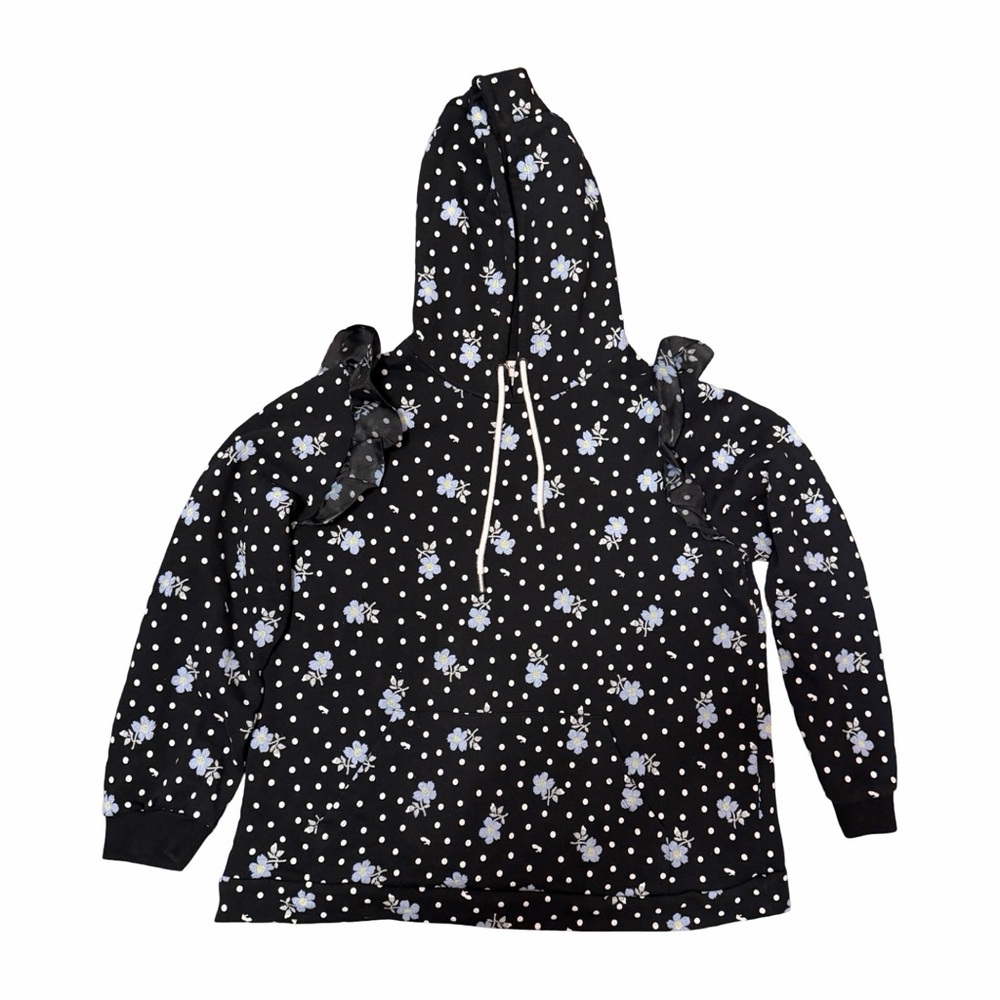 Sandy Liang Black Hoodie with Blue Floral and White Polka Dots - Picture 3 of 6